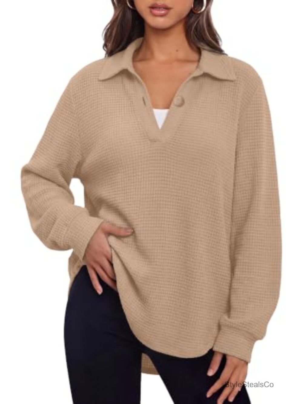 Women Waffle Knit Long Sleeve V Neck Pullover Sweatshirt